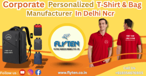 Flyten Fashion's promotional banner featuring red custom polo shirts and personalized backpacks for corporate branding.